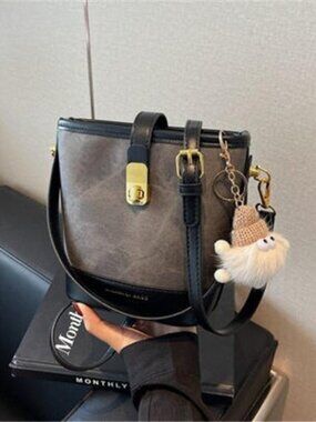 Vintage Bucket Crossbody Bag with Plush Charm